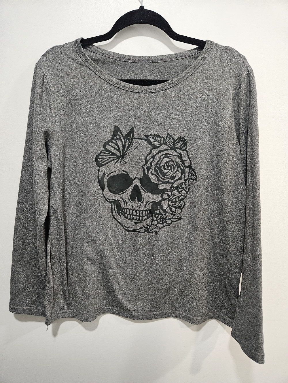 Gray Skull Floral Butterfly Graphic Long Sleeve Top Soft Goth Casual Shirt